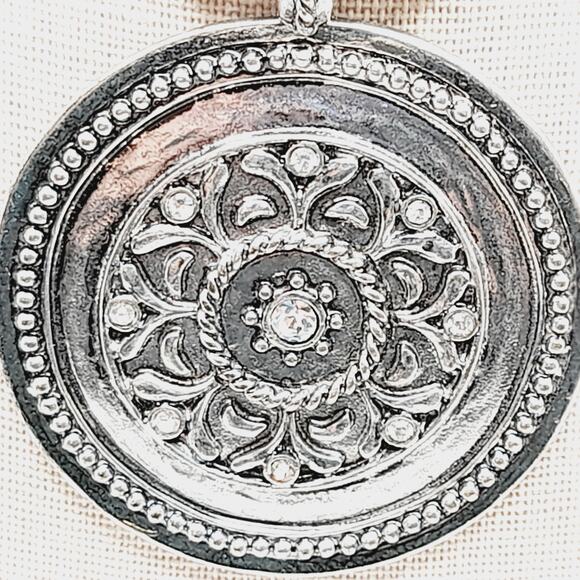 Chico’s Silver Tone Snake Chain Necklace w/ Large Pendant & Rhinestone Charms - Picture 4 of 10